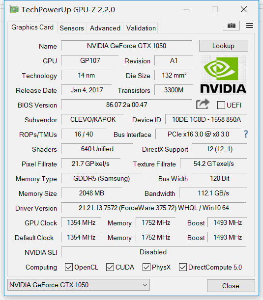 GPU-Z Nvidia GTX 1050